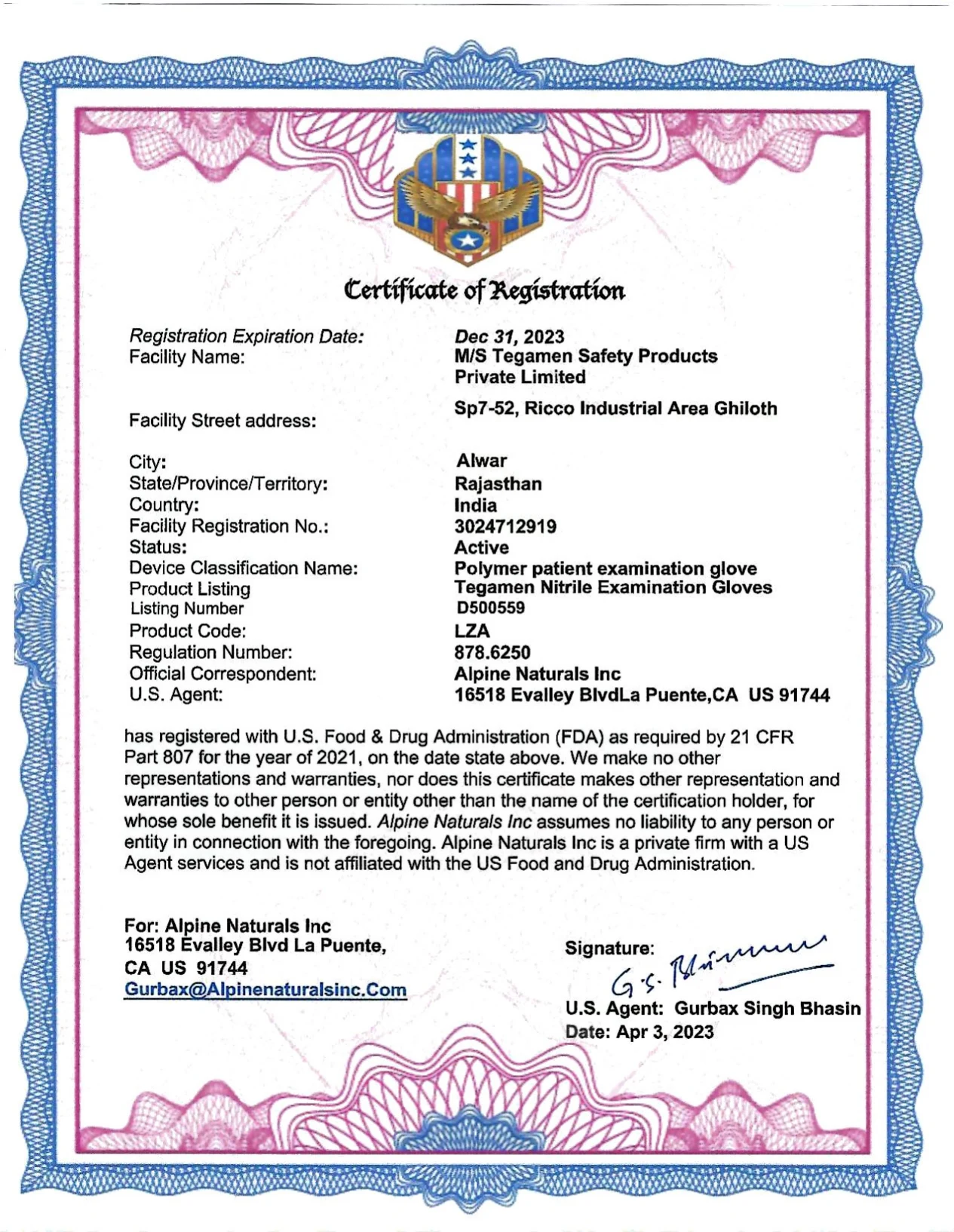 FDA 510K Registration Certificate